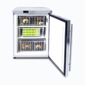 Image of a 115L stainless steel under bench storage freezer with one opened hinged door and frozen food inside.