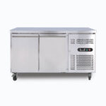 Image of a 282L stainless steel under bench storage freezer with two hinged doors, front view.