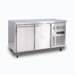 Image of a 282L stainless steel under bench storage freezer with two hinged doors, left angled view.
