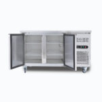 Image of a 282L stainless steel under bench storage freezer with two opened hinged doors.