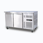 Image of a 282L stainless steel under bench storage freezer with two hinged doors, right angled view.