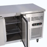 Image of a 282L stainless steel under bench storage freezer with two hinged doors, top view.