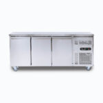 Image of a 417L stainless steel under bench storage freezer with three hinged doors, front view.