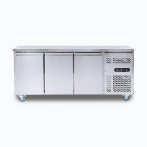 Image of a 417L stainless steel under bench storage freezer with three hinged doors, front view.