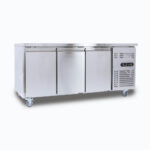 Image of a 417L stainless steel under bench storage freezer with three hinged doors, left angled view.