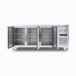 Image of a 417L stainless steel under bench storage freezer with three opened hinged doors.