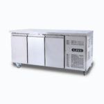 Image of a 417L stainless steel under bench storage freezer with three hinged doors, right angled view.