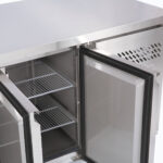 Image of a 417L stainless steel under bench storage freezer with three hinged doors, top view.