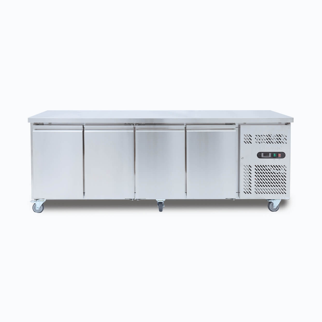 Image of 553L stainless steel under bench storage freezer with four hinged doors, front view.