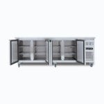 Image of 553L stainless steel under bench storage freezer with four opened hinged doors.