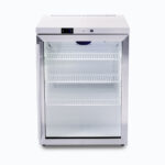 Image of a 138L stainless steel under bench display fridge with one hinged door, front view.