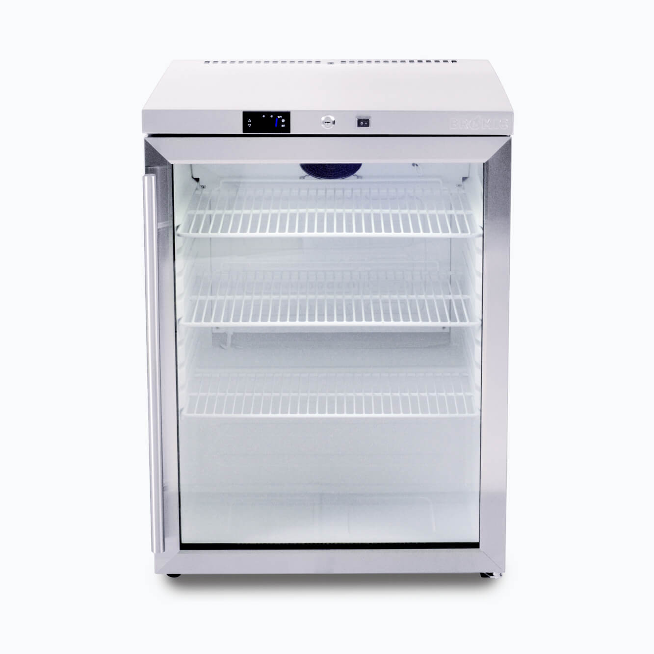 Image of a 138L stainless steel under bench display fridge with one hinged door, front view.