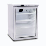 Image of a 138L stainless steel under bench display fridge with one hinged door, left angled view.