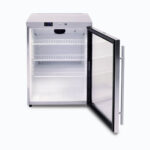 Image of a 138L stainless steel under bench display fridge with one opened hinged door.