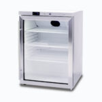 Image of a 138L stainless steel under bench display fridge with one hinged door, right angled view.
