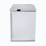 Image of a 138L stainless steel under bench storage fridge with one hinged door, front view.
