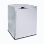 Image of a 138L stainless steel under bench storage fridge with one hinged door, left angled view.