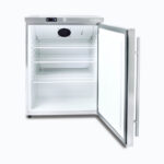 Image of a 138L stainless steel under bench storage fridge with one opened hinged door.