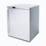 Image of a 138L stainless steel under bench storage fridge with one hinged door, right angled view.