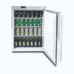 Image of a 138L stainless steel under bench storage fridge with one opened hinged door with drinks inside.