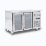Image of a 282L stainless steel under bench display fridge with two hinged doors, left angled view.