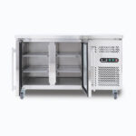 Image of a 282L stainless steel under bench display fridge with two open hinged doors.