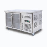 Image of a 282L stainless steel under bench display fridge with two hinged doors, right angled view.
