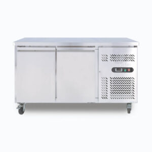 Image of a 282L stainless steel under bench storage fridge with two hinged doors, front view.