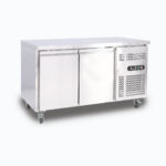 Image of a 282L stainless steel under bench storage fridge with two hinged doors, left angled view.