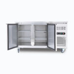 Image of a 282L stainless steel under bench storage fridge with two opened hinged doors.