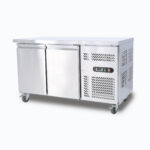 Image of a 282L stainless steel under bench storage fridge with two hinged doors, right angled view.