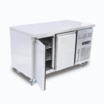 Image of a 282L stainless steel under bench storage fridge with two hinged doors, top view.