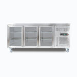 Image of a 417L stainless steel under bench display fridge with three hinged doors, front view.