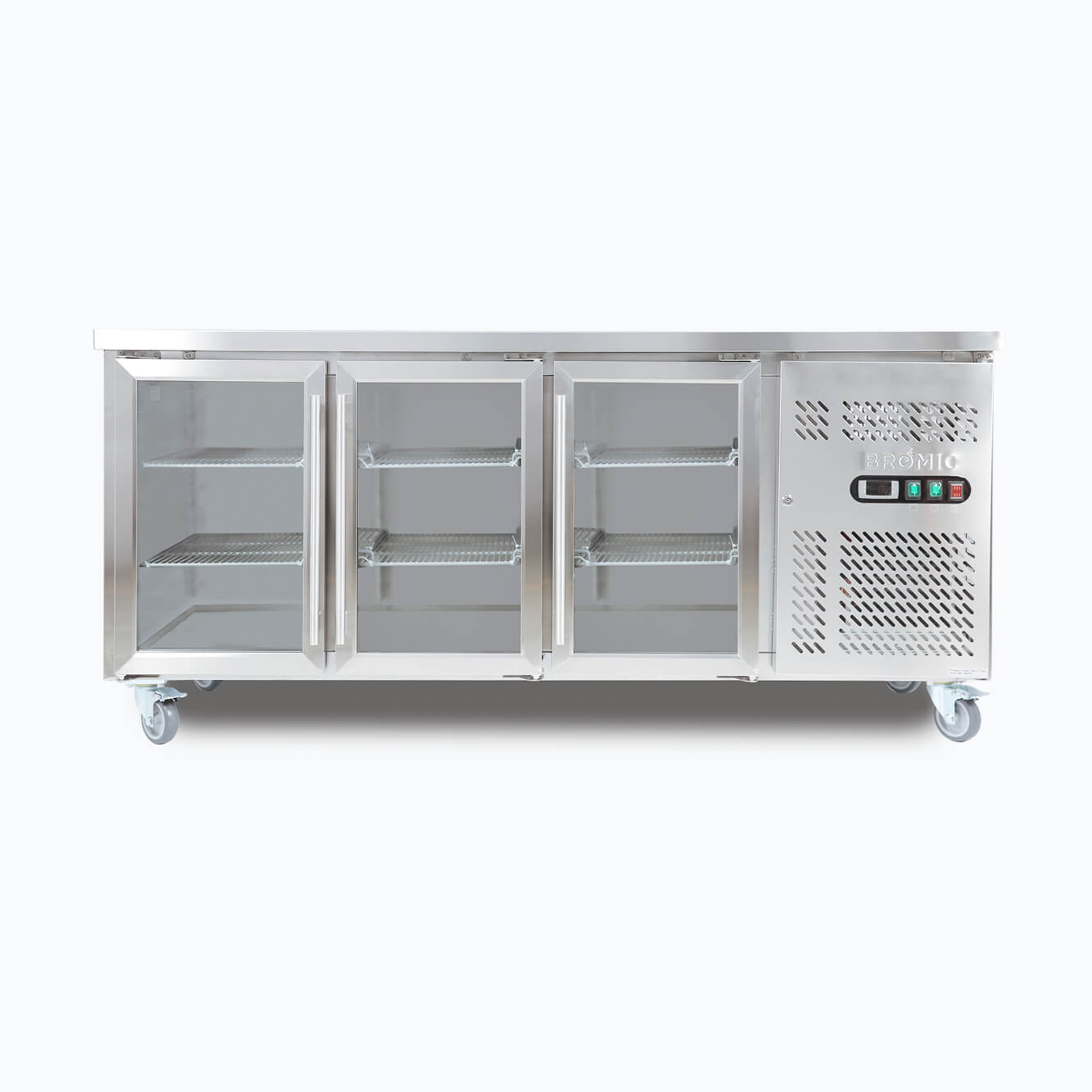Image of a 417L stainless steel under bench display fridge with three hinged doors, front view.