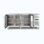 Image of a 417L stainless steel under bench display fridge with three opened hinged doors.