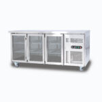 Image of a 417L stainless steel under bench display fridge with three hinged doors, right angled view.