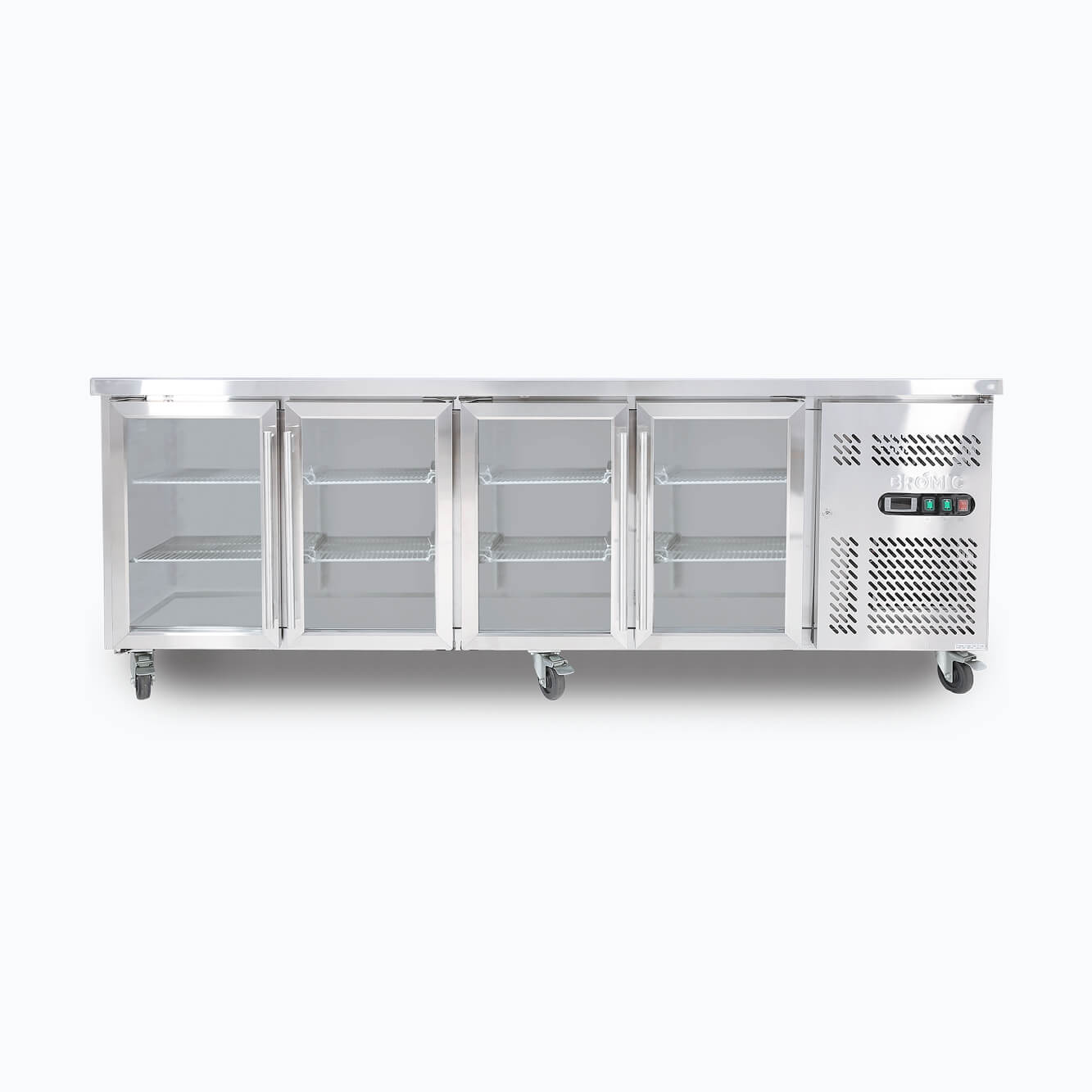 Image of a 553L stainless steel under bench display fridge with four hinged doors, front view.