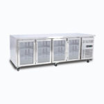 Image of a 553L stainless steel under bench display fridge with four hinged doors, left angled view.