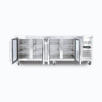 Image of a 553L stainless steel under bench display fridge with four opened hinged doors.