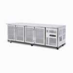 Image of a 553L stainless steel under bench display fridge with four hinged doors, right angled view.