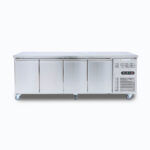 Image of a 553L stainless steel under bench storage fridge with four hinged doors, front view.