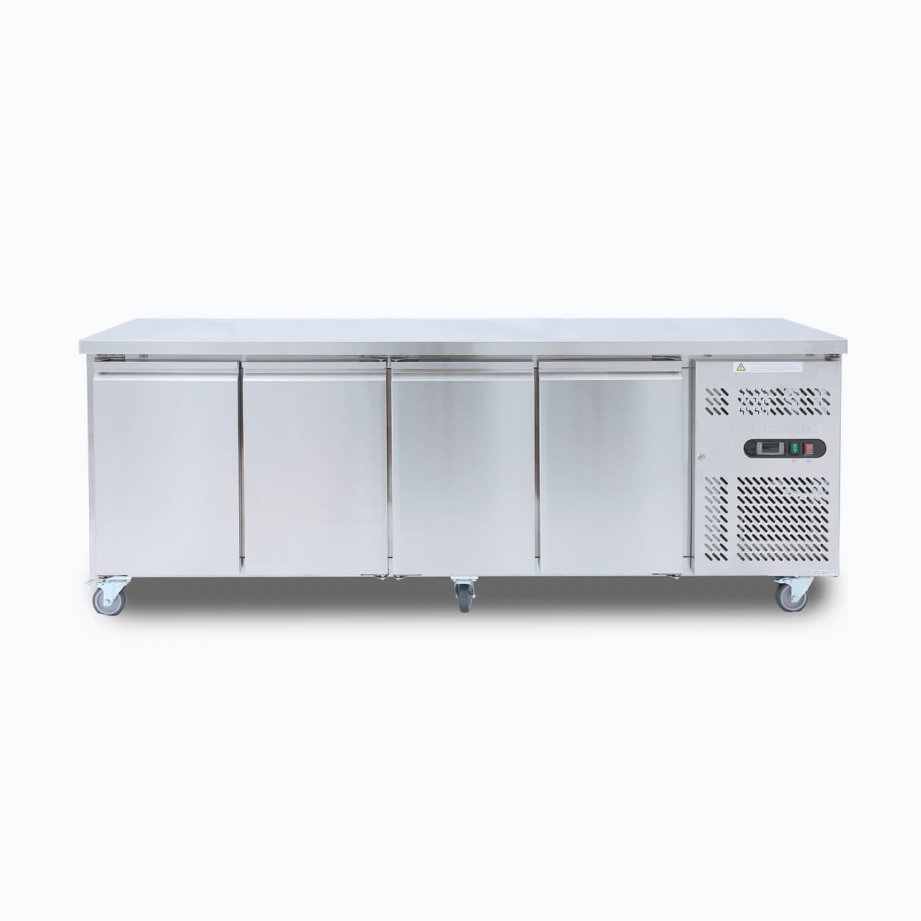 Image of a 553L stainless steel under bench storage fridge with four hinged doors, front view.