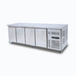 Image of a 553L stainless steel under bench storage fridge with four hinged doors, right angled view.