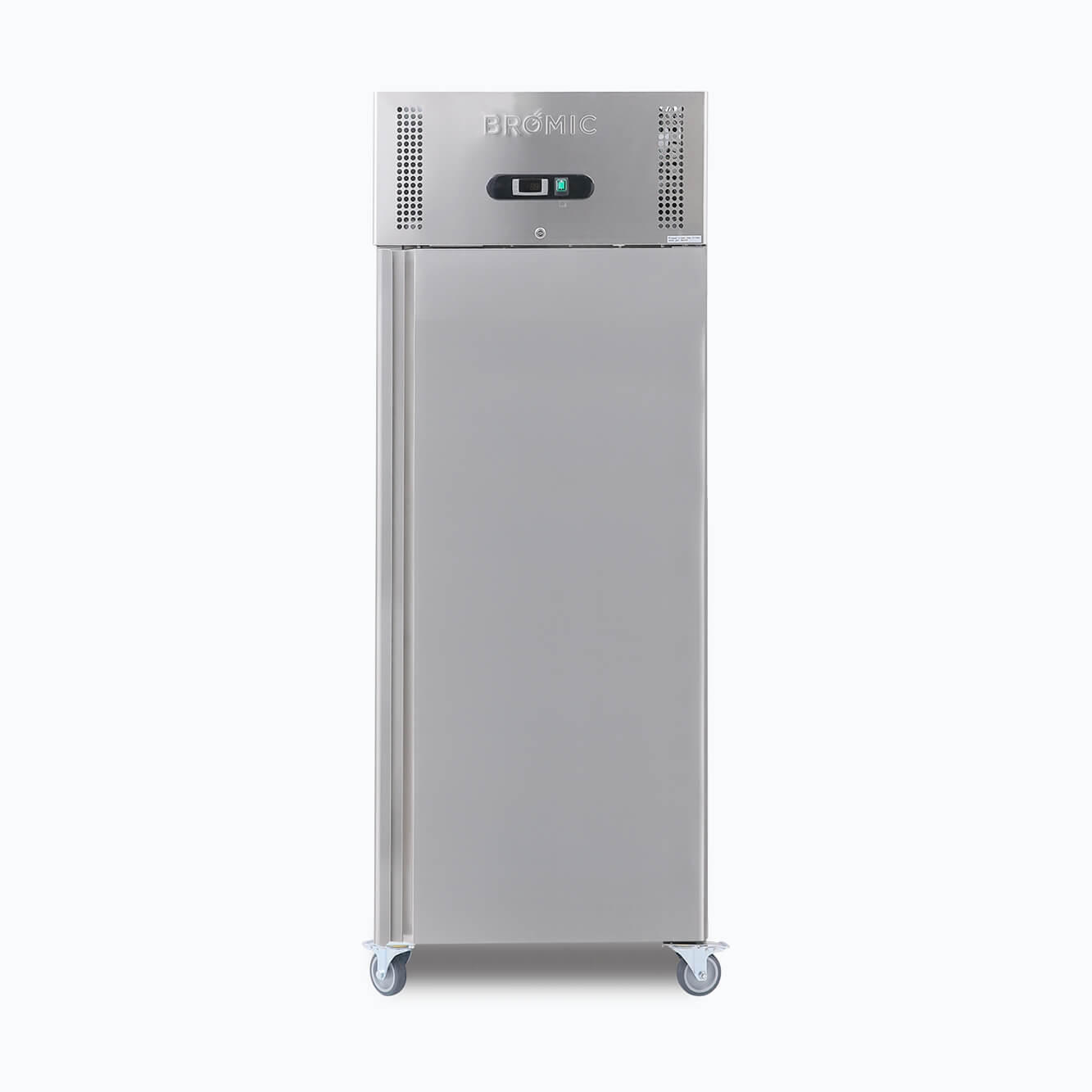 Image of a 650L stainless steel upright storage fridge with one door, front view.