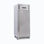 Image of a 650L stainless steel upright storage fridge with one door, left view.
