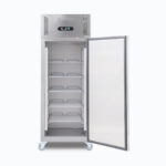 Image of a 650L stainless steel upright storage fridge with one door opened.