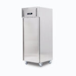 Image of a 650L stainless steel upright storage fridge with one door, right view.