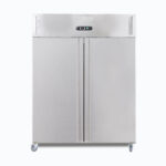 Image of a 1300L stainless steel upright storage fridge with one door, front view.