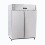 Image of a 1300L stainless steel upright storage fridge with one door, left view.