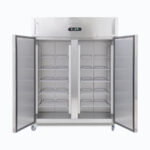 Image of a 1300L stainless steel upright storage fridge with one door opened.